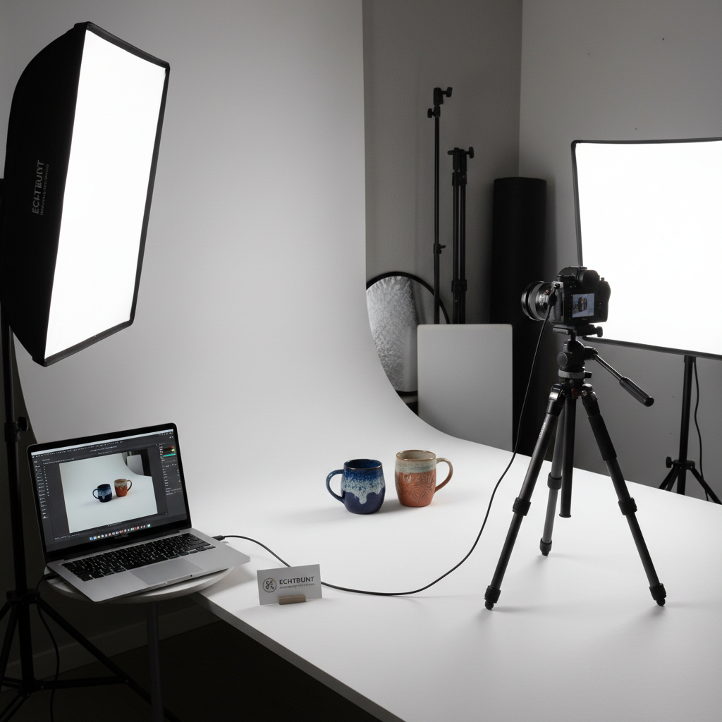 A realistic photographic setup of a small product photography scene for a local business: a pair of handcrafted objects placed on a seamless white backdrop, lit by two softbox lights with diffusers. A mid-range mirrorless camera on a sturdy tripod faces the products, tethered to a nearby laptop showing the captured image in a clean editing interface. Light stands, reflectors, and a folded backdrop roll lean neatly against a wall in the background. The lighting is bright but soft, minimizing harsh shadows and highlighting surface details of the products. Shot from a three-quarter angle to include both the camera and the styled objects, the image feels professional, controlled, and creative, emphasizing ECHTBUNT’s photography services without relying on any human presence.
